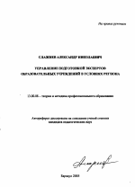 Автореферат по педагогике на тему «Управление подготовкой экспертов образовательных учреждений в условиях региона», специальность ВАК РФ 13.00.08 - Теория и методика профессионального образования