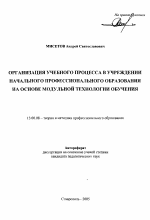 Автореферат по педагогике на тему «Организация учебного процесса в учреждении начального профессионального образования на основе модульной технологии обучения», специальность ВАК РФ 13.00.08 - Теория и методика профессионального образования