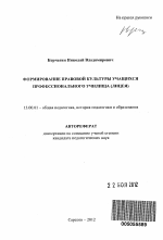 Автореферат по педагогике на тему «Формирование правовой культуры учащихся профессионального училища (лицея)», специальность ВАК РФ 13.00.01 - Общая педагогика, история педагогики и образования