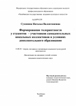 Диссертация по педагогике на тему «Формирование толерантности у студентов - участников самодеятельных вокальных коллективов в условиях дополнительного образования», специальность ВАК РФ 13.00.05 - Теория, методика и организация социально-культурной деятельности