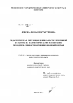 Диссертация по педагогике на тему «Педагогическая регуляция деятельности учреждений культуры по патриотическому воспитанию молодежи: личностноориентированный подход», специальность ВАК РФ 13.00.05 - Теория, методика и организация социально-культурной деятельности